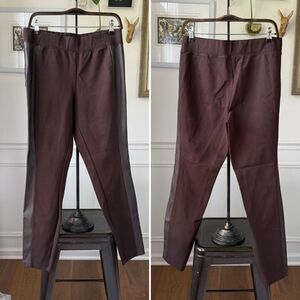 H by Halston Brown Ponte Pull On Pants Faux Leather Tuxedo Stripe 10